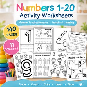 以下が含まれることがあります： 数字1-20のアクティビティワークシート。140ページ、11のコンセプトで構成されています。この教材セットには、数字、宇宙飛行士、車、気球が描かれた、なぞり書き、数え方、塗り絵の練習ができる白黒の印刷用ページが含まれています。