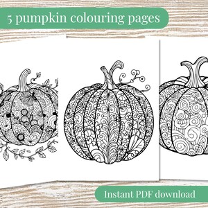 Op de afbeelding: Vijf zwart-witte printbare kleurplaten met ingewikkelde pompoenontwerpen. Elke pompoen is gevuld met gedetailleerde patronen en swirls. De tekst "5 pumpkin colouring pages" staat bovenaan de afbeelding. De tekst "Instant PDF download" staat onderaan de afbeelding.