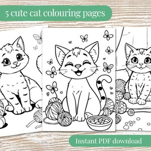 5 Printable Cute Cat Colouring Sheets, Animal Designs for Kids and Adults, Instant Download, Fun & Relaxing Activity, Party favours