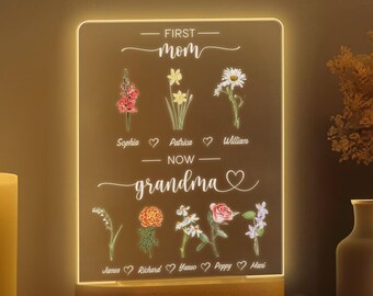 Personalized First Mom, Now Grandma Birth Flower Light Up Plaque, Mothers Day Gift, Custom Night Light,Moms Garden,Grandma's Garden Gifts F7