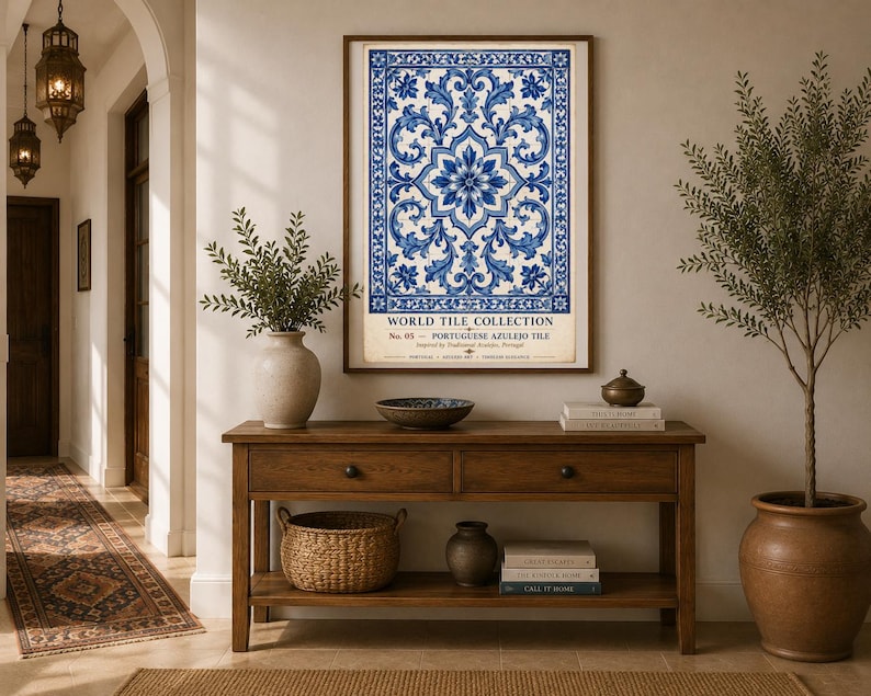 K&ouml;nnte beinhalten: Ein gerahmter Wandkunstdruck mit dem Titel World Tile Collection No. 05 Portuguese Azulejo Tile, der ein komplexes blau-wei&szlig;es Blumenmuster zeigt. Der rechteckige Druck ist in einem dunklen Holzrahmen gerahmt und zeigt ein symmetrisches Design.