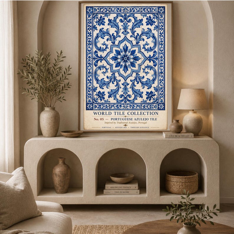 K&ouml;nnte beinhalten: Ein gerahmter Kunstdruck mit dem Titel World Tile Collection No. 05 Portuguese Azulejo Tile. Der Druck zeigt ein symmetrisches blau-wei&szlig;es Blumenmuster mit komplexen Schn&ouml;rkeln auf cremefarbenem Hintergrund mit schwarzem Text.