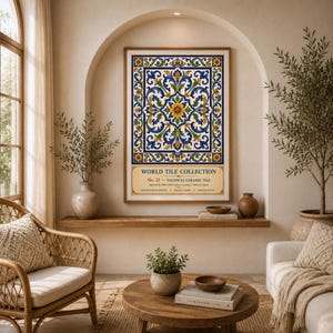May include: A rectangular wall art print featuring a symmetrical floral pattern in blue, yellow, and green on a white background. The text reads: WORLD TILE COLLECTION, No. 21 - VALENCIA CERAMIC TILE, Inspired by 18th-19th Century Ceramics, Valencia, Spain.