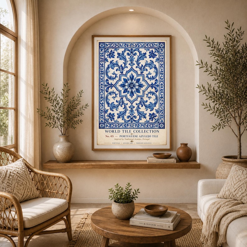 K&ouml;nnte beinhalten: Ein gerahmter Wandkunstdruck mit einem blau-wei&szlig;en portugiesischen Azulejo-Fliesenmuster mit komplizierten Blumenmotiven. Der Text lautet WORLD TILE COLLECTION, No. 05 - PORTUGUESE AZULEJO TILE, Inspired by Traditional Azulejos, Portugal.