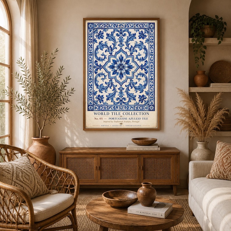 K&ouml;nnte beinhalten: Ein rechteckiger Wandkunstdruck mit einem blau-wei&szlig;en portugiesischen Azulejo-Fliesenmuster mit komplizierten Blumenmotiven. Der Text unten lautet: WORLD TILE COLLECTION No. 05 - PORTUGUESE AZULEJO TILE Inspired by Traditional Azulejo, Portugal.