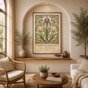 May include: A rectangular wall art print featuring a symmetrical botanical illustration of purple and cream irises with green foliage. The text reads World Tile Collection No. 22 Art Nouveau Tile, Inspired by 19th-Early 20th Century Design, France & Belgium.