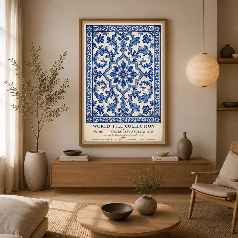 K&ouml;nnte beinhalten: Ein gerahmter vertikaler Wandkunstdruck mit dem Titel World Tile Collection No. 05 Portuguese Azulejo Tile. Das Kunstwerk zeigt ein symmetrisches blau-wei&szlig;es Blumenmuster mit komplizierten Schn&ouml;rkeln und einem zentralen Sternmotiv auf cremefarbenem Grund.