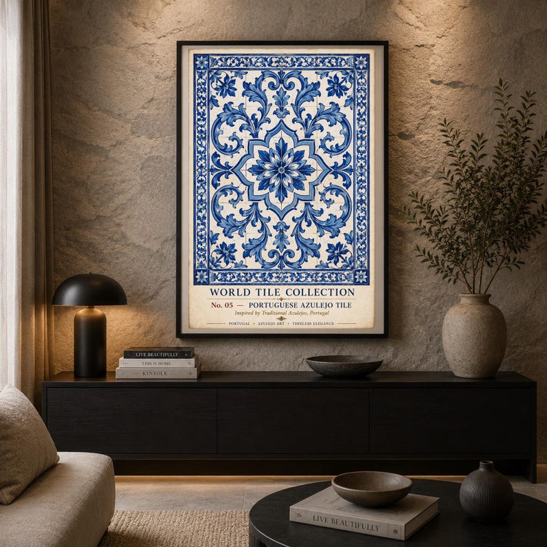 K&ouml;nnte beinhalten: Ein gerahmter Kunstdruck mit einem blau-wei&szlig;en Fliesenmuster. Der Text lautet: WORLD TILE COLLECTION No. 05 - PORTUGUESE AZULEJO TILE Inspired by Traditional Azulejos, Portugal PORTUGAL AZULEJO ART TIMELESS ELEGANCE.