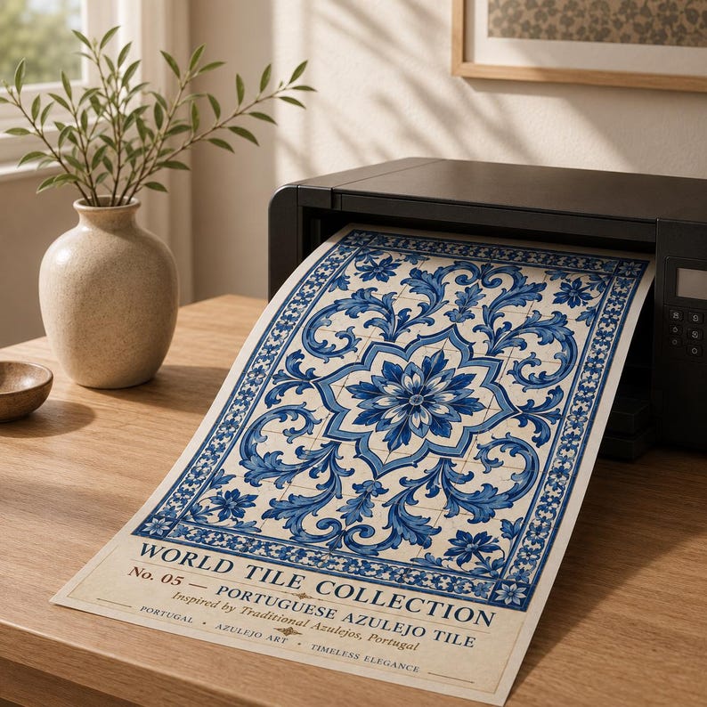 K&ouml;nnte beinhalten: Ein bedrucktes Blatt mit einem blau-wei&szlig;en Blumenmuster, das von portugiesischen Azulejo-Fliesen inspiriert ist. Der Text lautet WORLD TILE COLLECTION No. 05 PORTUGUESE AZULEJO TILE Inspired by Traditional Azulejos, Portugal PORTUGAL AZULEJO ART TIMELESS ELEGANCE.