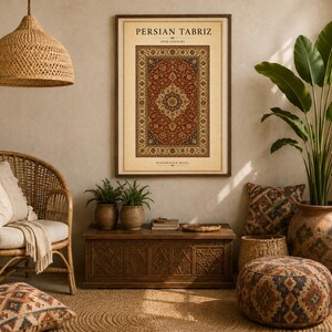 May include: A framed wall art print titled PERSIAN TABRIZ 19TH CENTURY HANDWOVEN WOOL, featuring a detailed illustration of a red, cream, and dark blue ornate rug with a central medallion and intricate floral borders, displayed in a wooden frame.