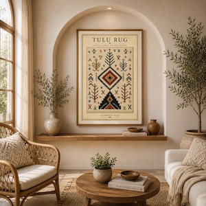 May include: A framed wall art print titled TULU RUG, featuring a cream-colored background with a central geometric pattern in black, red, and yellow. The design includes stylized tree motifs and diamond shapes, with text reading Anatolia, Turkey, Mid 20th Century and Handwoven Wool.