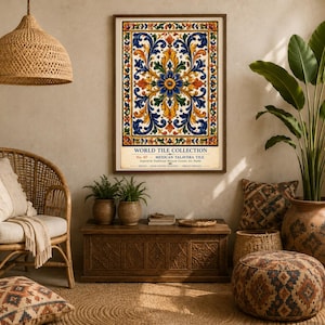 Puede incluir: Una lámina decorativa rectangular con un vibrante patrón de azulejo de Talavera mexicano en tonos azules, amarillos y naranjas. El texto dice WORLD TILE COLLECTION No. 07 - MEXICAN TALAVERA TILE. Inspired by Traditional Mexican Ceramic Art, Puebla.