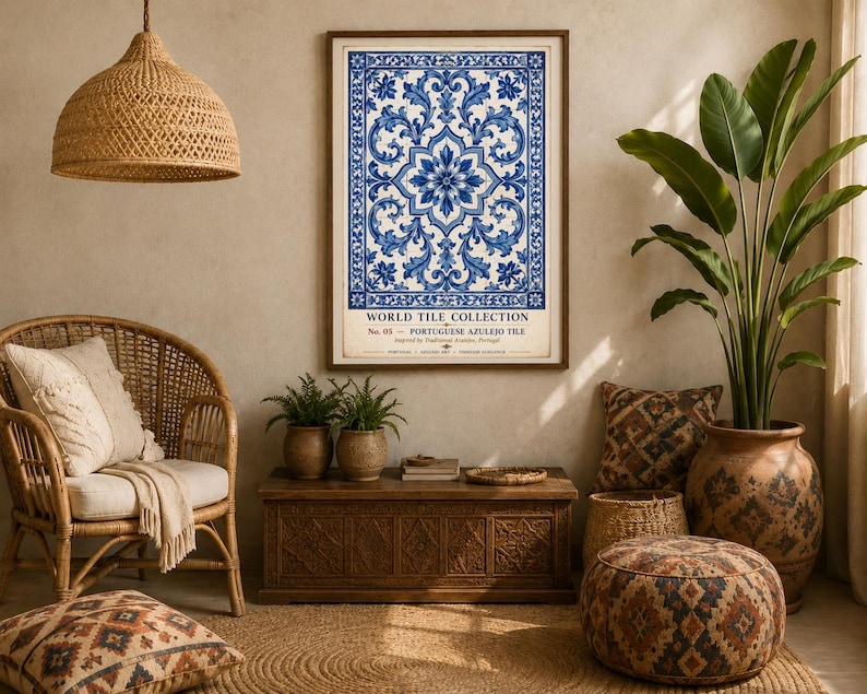 K&ouml;nnte beinhalten: Ein gerahmter Kunstdruck mit dem Titel World Tile Collection No. 05 Portuguese Azulejo Tile, der ein symmetrisches blau-wei&szlig;es Blumenmuster zeigt. Der Druck befindet sich in einem Holzrahmen mit cremefarbenem Rand und Text darunter.