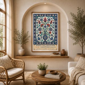 May include: A rectangular wall art print titled World Tile Collection No. 30 Turkish Ottoman Floral Tile. The print features a central vase with red tulips and blue flowers, surrounded by a decorative blue and white border on a cream background.