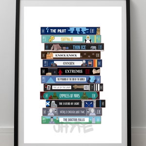 May include: A stack of VHS tapes with titles like "The Pilot", "Smile", "Thin Ice", "Knock Knock", "Oxygen", "Extremis", "The Pyramid at the End of the World", "The Lie of the Land", "Empress of Mars", "The Eaters of Light", "World Enough and Time", and "The Doctor Falls".