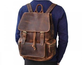 16L Vintage Rustic Brown Backpack For Men, Handmade Cow Leather Office Backpack, Durable Office Leather Backpack, Christmas Gift for Men