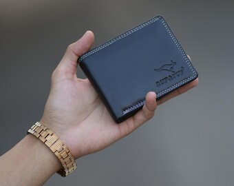 Cartera plegable de piel de búfalo negra hecha a mano, minimalista, con RFID.