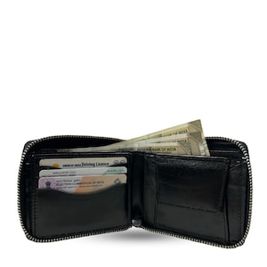Schwarzer handgefertigter Leder Designer-Kartenhalter, Reißverschluss-Geldbörse für Männer / Frauen, schlanke Brieftasche 10 Kartenfächer, zweifach gefaltete RFID-Geldbeutel- und Münztasche