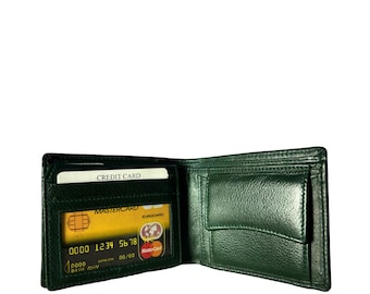 Green Leather Bifold Wallet, RFID Protection, Coin Pocket