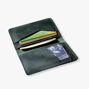 Personalized Dark Green Buffalo Leather Designer Card Holder, Green Slim Wallet For Men, Women's Wallet Minimalist Bifold with 6 Card Slots