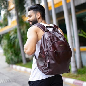 Slim Brown Office Leather Backpack for Work, Unisex College Rucksack, Fathers day Gift Idea, Laptop Backpack, Men&#39;s Travel Outing Backpack