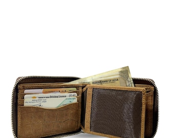 Alligator Leather Handmade Wallet, RFID Zipper, 10 Card Slots