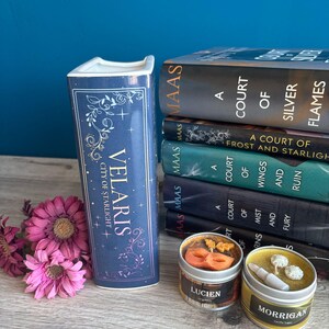May include: A stack of six fantasy novels with the title "A Court of Silver Flames" on top. The books are by author Sarah J. Maas. A blue ceramic bookend with the words "Velaris City of Starlight" is in the foreground. Two small candles with the names "Lucien" and "Morrigan" are in the foreground.