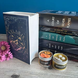 May include: A stack of five books with the title "A Court of Silver Flames" on top. The books are all part of the same series, "A Court of Thorns and Roses". There are two small candles in front of the books, one with a mask design and the text "Lucien" and the other with a flower design and the text "Morrigan".