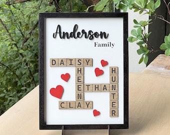 May include: A framed family sign with the name "Anderson" and the word "Family" in black script. The names of family members are spelled out with Scrabble tiles, and red heart accents are scattered around the names.