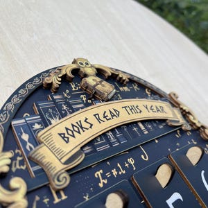 May include: A dark blue wooden wall decor with the text "BOOKS READ THIS YEAR" in gold. The decor features an owl, books, and a calendar-style design with numbers. The design has a vintage, antique aesthetic.