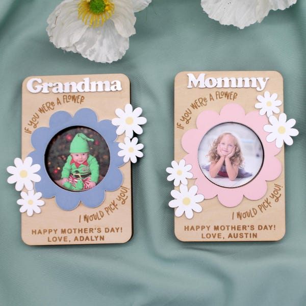 Marco magnético personalizado para fotos de abuela, diseño de flores de madera