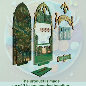 May include: A multi-layered, green wooden bookshelf with gold accents, featuring miniature books and the text "BOOKS READ THIS YEAR". Includes a counter with the number "038" and a customizable nameplate. The product is made up of 3 layers bonded together.