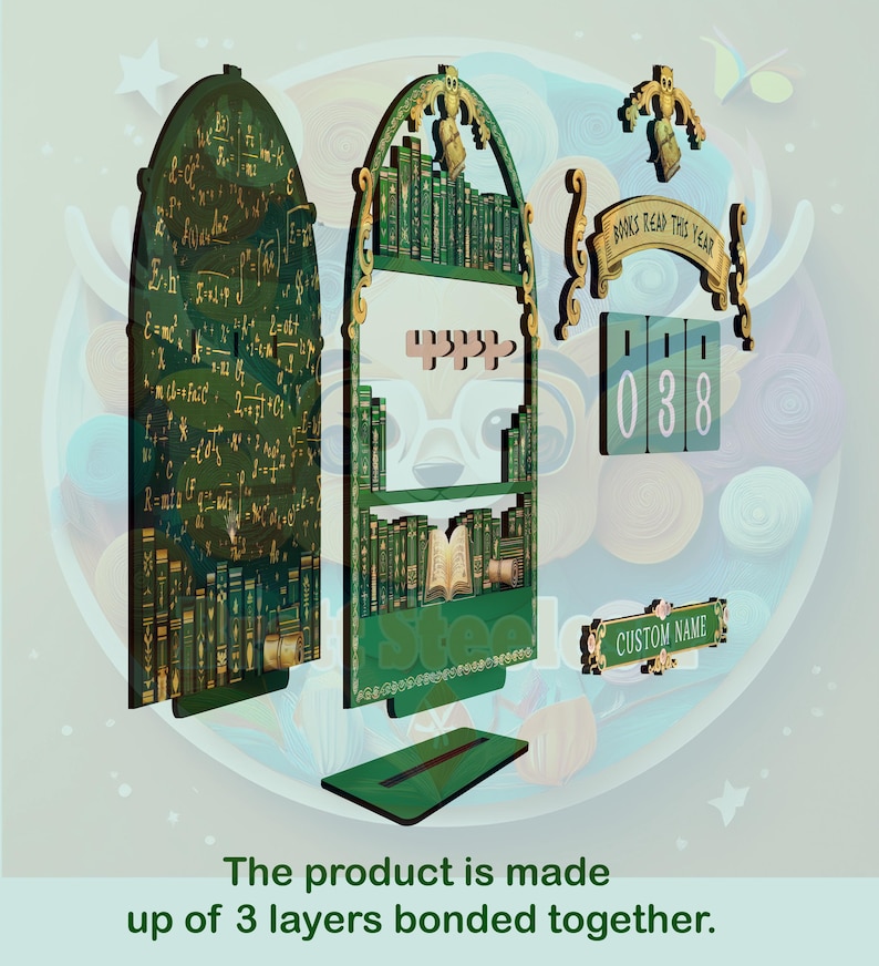 May include: A multi-layered, green wooden bookshelf with gold accents, featuring miniature books and the text "BOOKS READ THIS YEAR". Includes a counter with the number "038" and a customizable nameplate. The product is made up of 3 layers bonded together.