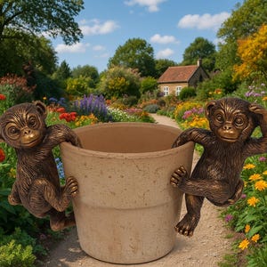 Op de afbeelding: Een terracotta bloempot met twee bronzen apenbeeldjes die aan de zijkanten hangen. De apen hebben gedetailleerde gezichtskenmerken en lijken te klimmen. De pot staat op een stenen pad in een tuin.