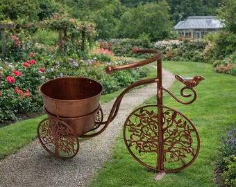 Bronze Bicycle Plant Holder: Tree of Life Wheels, Bird Accent