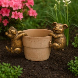 May include: A terracotta plant pot with two bronze pig sculptures clinging to the sides. The pigs have smiling faces. The pot is set in dark soil, with pink flowers and greenery in the background.