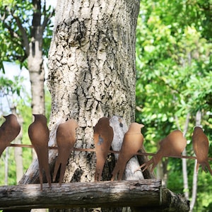 Handmade seven rusty birds perched on a straight branch for garden/outdoor measuring 70 x 2.5 x 21cm.