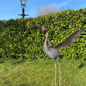 Large Bronze with a blue brush Metal Heron Garden Sculpture 107cm for outdoors