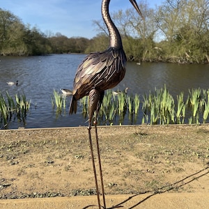 Large Bronze Metal Heron Garden Sculpture 107cm with blue eye and ground peg