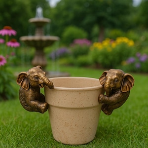May include: A beige ceramic plant pot with two bronze elephant sculptures attached. The elephants are positioned on opposite sides of the pot, appearing to hold onto it. The pot is set on green grass, with a fountain and flowers in the background.