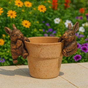 Polyresin pair of bronze coloured rabbit pot buddies pot hangers For pots
