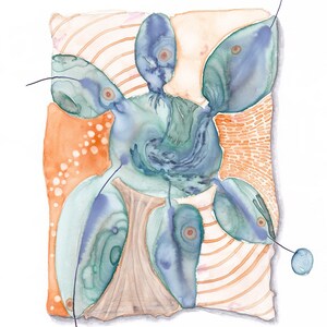 Fiori vestiti di blu, dipinto originale firmato a mano. Acquerello/inchiostro su carta Yupo o stampa artistica in edizione limitata A4 o A3