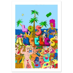 Los Angeles Meme Wall Art – Day Party Chaos Cartoon / Classic Semi-Glossy Paper Poster 70x100 cm / 28x40″ image 1