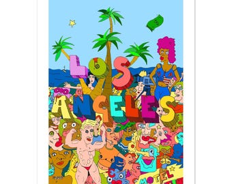 Los Angeles Meme Wall Art – Day Party Chaos Cartoon /  Classic Semi-Glossy Paper Poster 70x100 cm / 28x40″