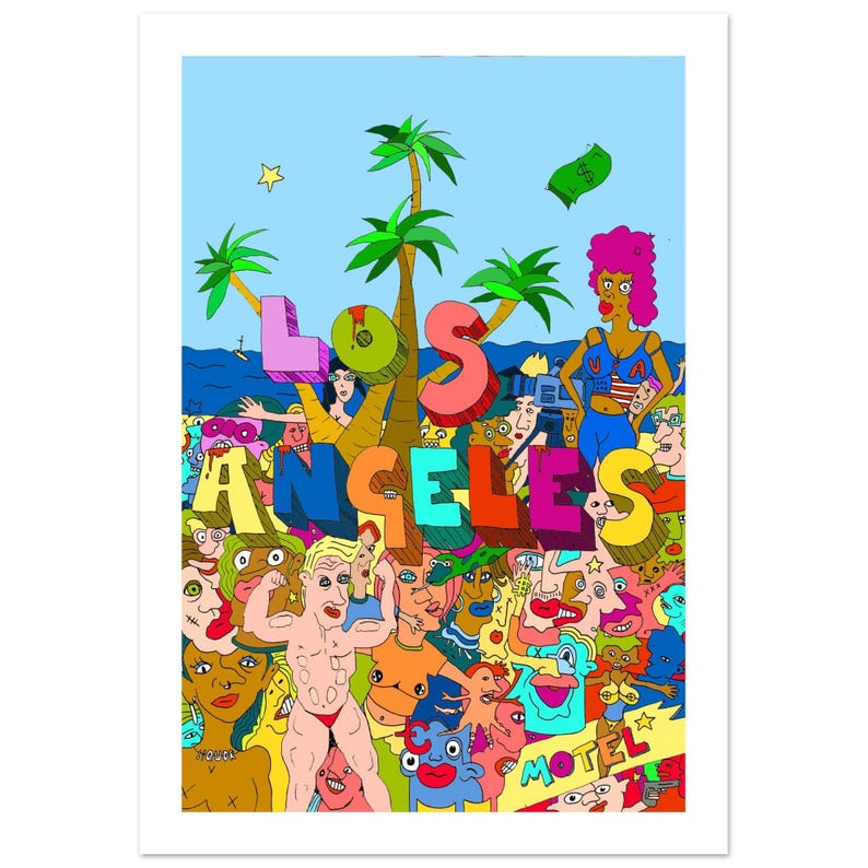 Los Angeles Meme Wall Art – Day Party Chaos Cartoon / Classic Semi-Glossy Paper Poster 70x100 cm / 28x40″ image 1