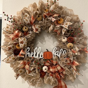 Hello Fall Thanksgiving mesh front door wreath