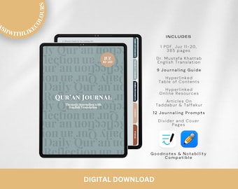 Juz 11 to 20 Digital English Thematic Quran Journal Thematic Hyperlinked iPad Goodnotes Notability PDF Downloadable Minimal A4 A5