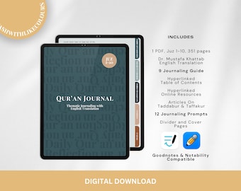 Juz 1 to 10 Digital English Thematic Quran Journal Thematic Hyperlinked iPad Goodnotes Notability PDF Downloadable Minimal A4 A5