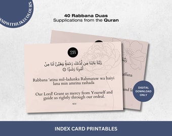 40 Rabbana Dua Supplications from the Quran Index Card Printables Arabic English Translation Transliteration Minimal Line Art Floral Gift