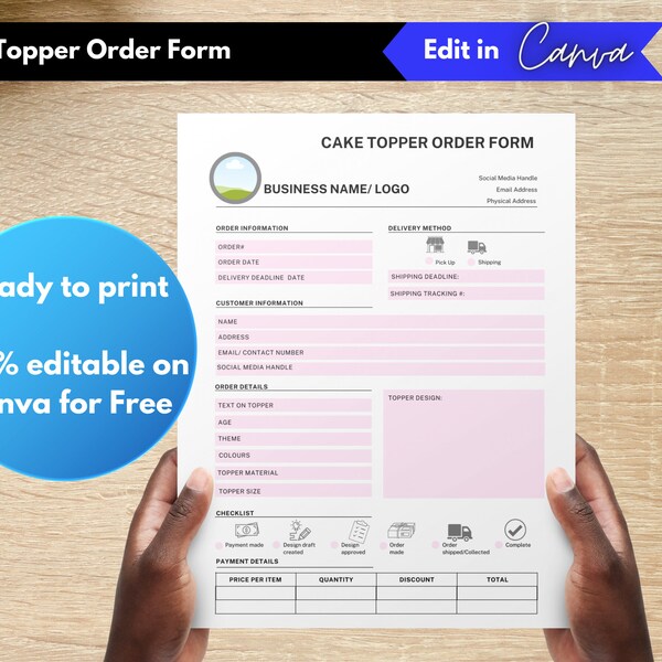 Minimalist Cake topper Order Form Template | Editable CANVA FREE | Custom Form for Craft Business | Personalised Cake Topper Order Form